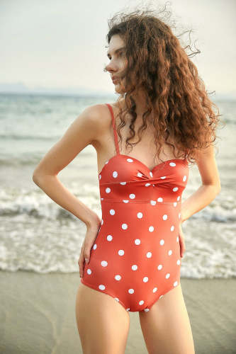 Orange Red Polka Dot One-Piece Swimsuit