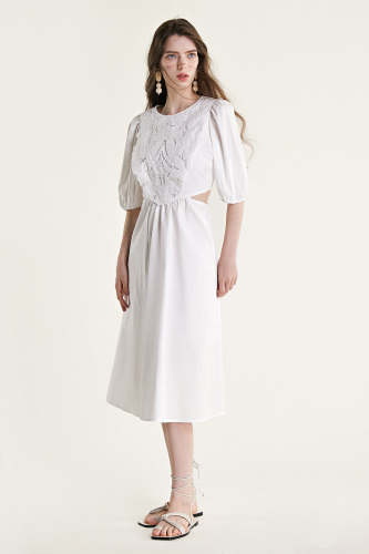 White Waist Cut Out Lace Detail Midi Dress