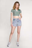Dark Green Rib-Knit Striped Polo Collar Crop Top