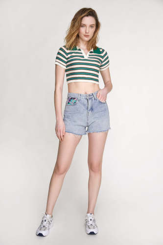 Dark Green Rib-Knit Striped Polo Collar Crop Top