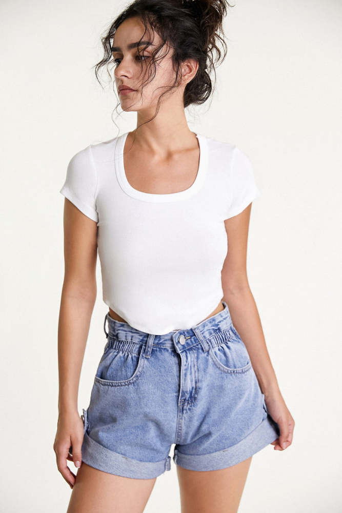 Flash Sale                White Ribbed Curved Hem Cropped Cotton T-shirt