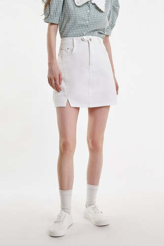 White High Rise A-Line Front Slit Mini Denim Skirt