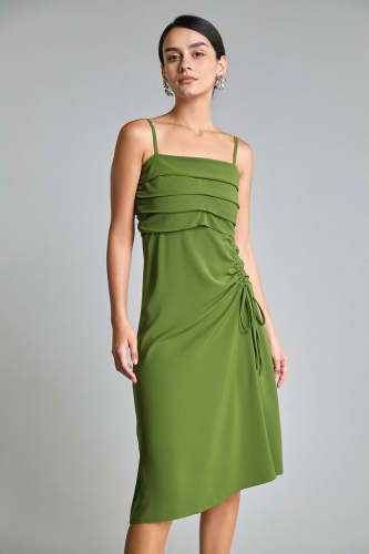 Dark Olive Green Ruched Drawstring Pleat Detail Midi Dress