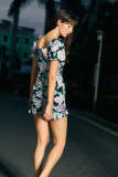 Lavender Floral Print Ruched Puff Sleeve Ruffled Hem Bodycon Mini Dress