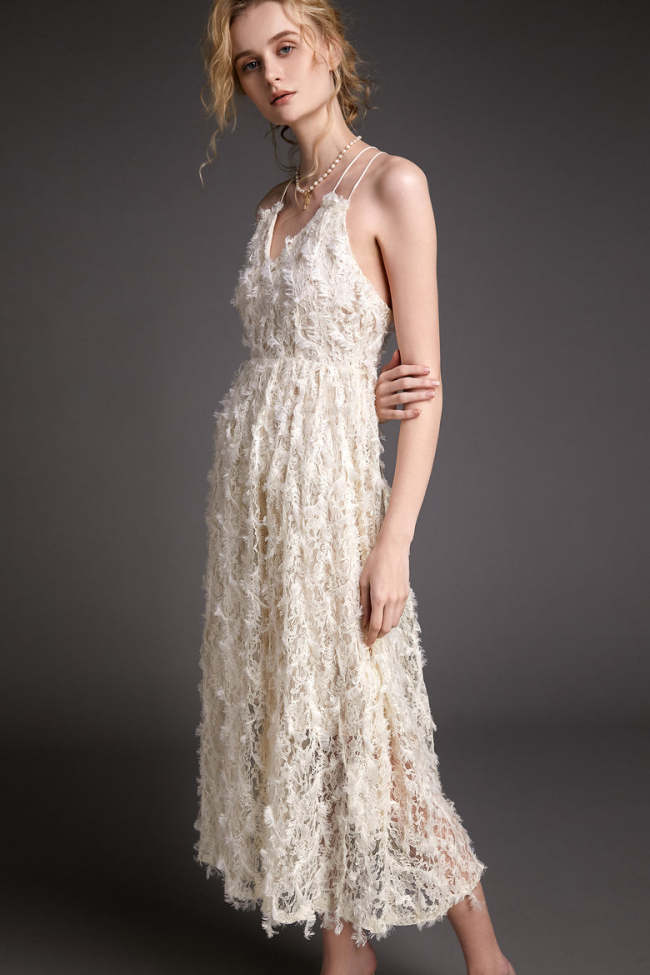 Ivory Cross-Back Feather-Trimmed Lace Maxi Dress