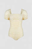 Light Yellow Hollow Out Puff Sleeve Seam Detail One-Piece Swimsuit