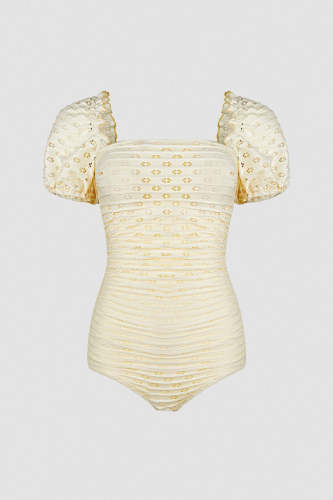 Light Yellow Hollow Out Puff Sleeve Seam Detail One-Piece Swimsuit