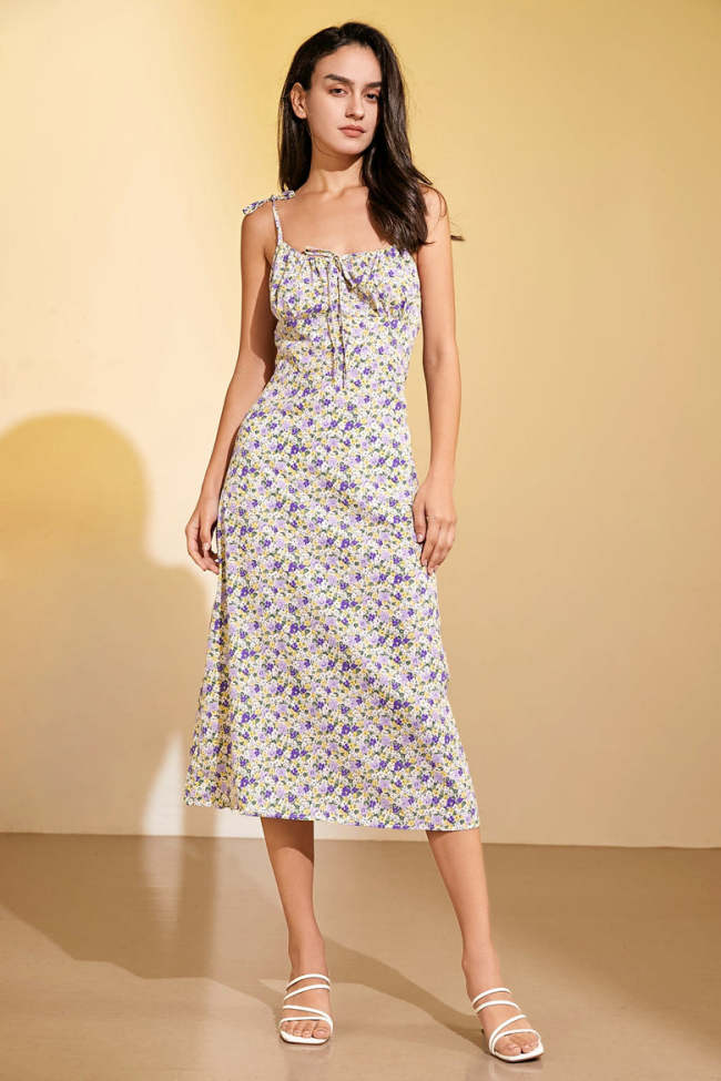 Multicolor Tie-Strap Floral Midi Dress