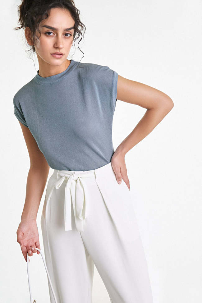 Flash Sale                Light Steel Blue Cap Sleeve Round Neck Knitted Top