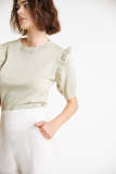 Dark Sea Green Ruffle-Trimmed Scallop-Edge Knit Top