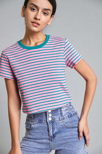 Pink Striped Ribbed Cropped T-Shirt
