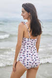 Ivory Printed Ruffled Ruched One Piece Swimsuit