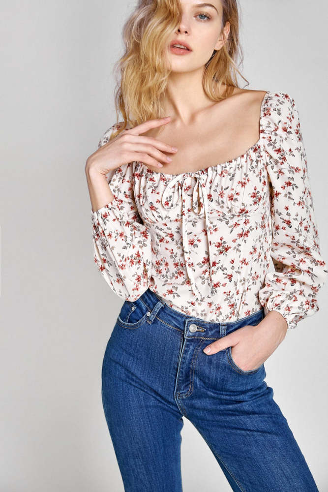 Ivory Floral Print Tie-Detail Blouse