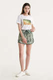 Dark Olive Green Abstract Print Elastic Waist Shorts