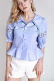 Light Sky Blue Sheer Lace Detail Ruffle Shirt