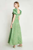 Dark Sea Green Floral Print Square Neck Tie Detail Slit Hem Maxi Dress