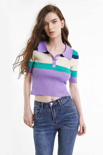 Medium Purple Color Block Polo Collar Rib-Knit Top