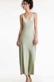 Dark Sea Green Satin Ruched Strap V-Neck Midaxi Dress