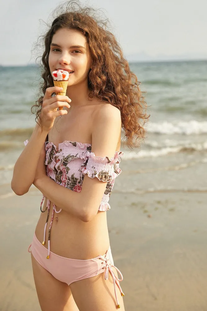Pink Smocked Ruffled Lace-Up Bikini Set