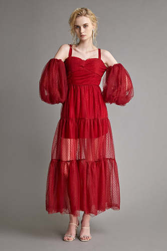 Dark Red Swiss Dot Mesh Off-the-Shoulder Blouson Sleeve Midi Dress