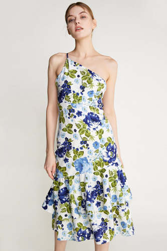 Olive Drab Floral Print One Shoulder Cut Out Midi Dress