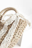 Ivory Woven Straw Top Handle Lace Tie Crossbody Bag
