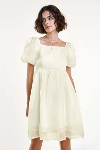White Puff Sleeve Square Neck Chiffon Mini Dress