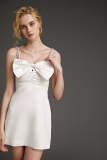 White Bow Detail Rhinestone-Embellished Strap Ruched Mini Dress