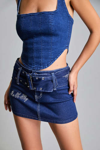 Dark Blue Belted Embroidery Detail Mini Denim Skirt