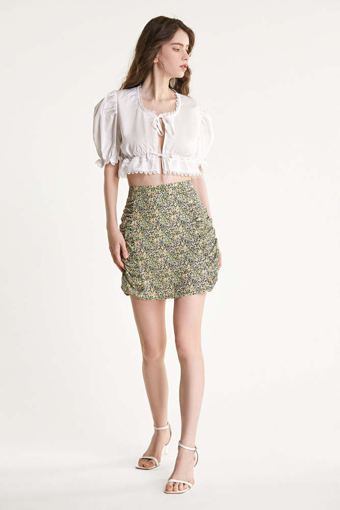 Khaki Floral Print High Rise Ruched Mini Skirt