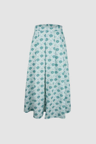 Dark Turquoise Floral Print Flowy Midi Skirt