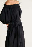 Black Off-the-Shoulder Belted Crinkled Puff Sleeve Maxi Dress