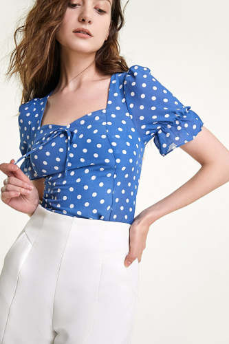 Steel Blue Polka Dot Tie Detail Cropped Blouse