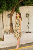 Lemon Chiffon Sleeveless Floral Print Midi Dress