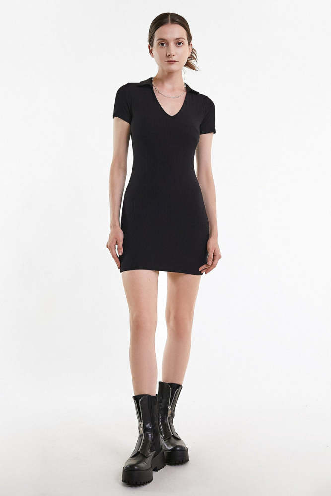 Black Rib-Knit V-Neck Polo Collar Mini Dress