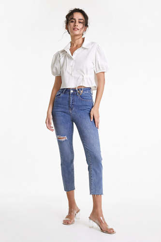 White Tie Detail Puff Sleeve Cropped Cotton Shirt