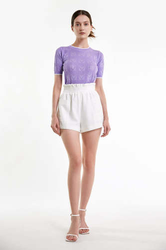 Medium Purple Contrast Scallop-Edge Pointelle Knit Top