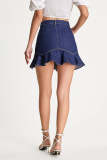 Dark Blue High Rise Frill Hem Mini Denim Skirt
