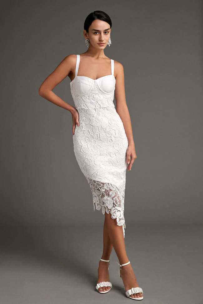 White Asymmetric Hem Lace Bodycon Midi Dress
