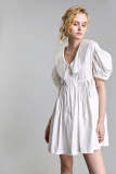White Scallop-Edge Tie Side Puff Sleeve Collared Mini Dress
