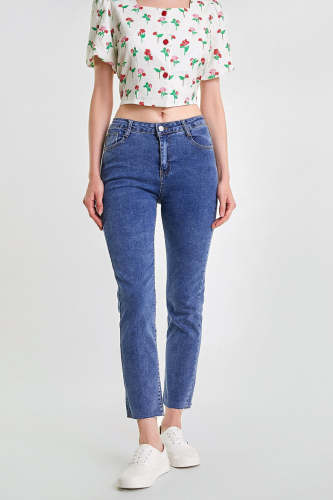 Medium Blue Wash High Rise Straight Leg Crop Jeans