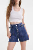 Dark Blue Wash High Rise Exposed Button Fly Denim Shorts