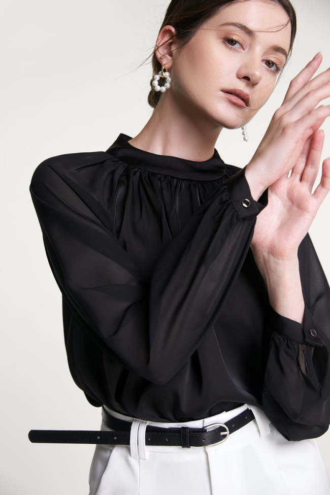 Black Satin High Neck Gathered Front Sheer Sleeve Blouse