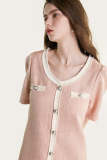 Pink Button Detail V-Neck Short Sleeve Tweed Mini Dress