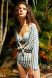 Light Blue Striped High Waist 3 Piece Swimsuit Cover Up Set