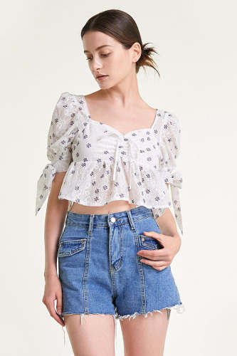 White Floral Print Tie Cuff Cropped Blouse