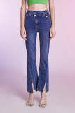 Dark Blue Flared Slit Hem Jeans