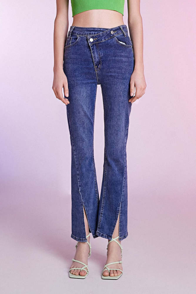 Dark Blue Flared Slit Hem Jeans