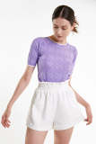 Medium Purple Contrast Scallop-Edge Pointelle Knit Top