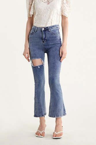 Royal Blue Ripped Flared High Rise Jeans